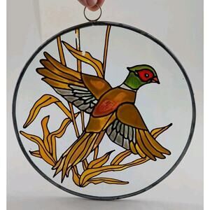 Vintage Round Stained Glass Suncatcher Pheasant Bird Window Hanging Art Leaded